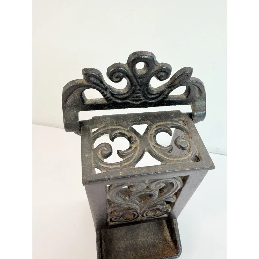 Black Ornate Cast Iron Wall Mount Match Box Holder Dispenser Vintage Decor